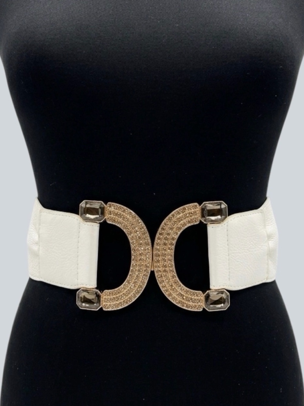 Pin Up wide bold statement belt White stretch Rhinestone Gold Buckle NWT